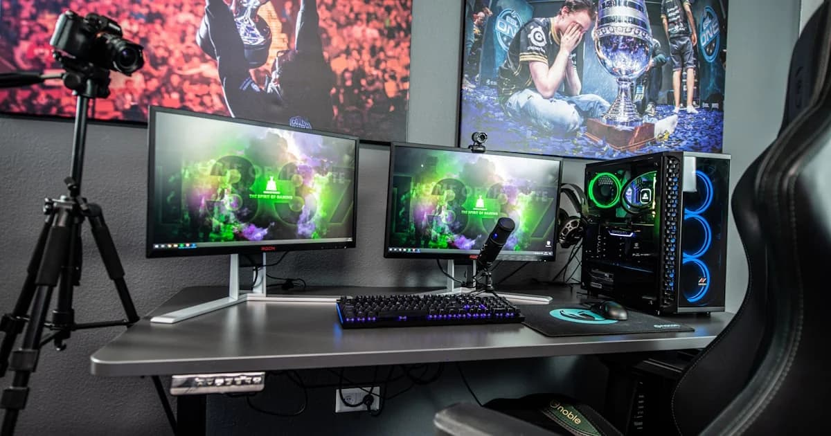 Live streaming desk with encoder PC, monitors and camera - choosing a live stream bitrate on dcast
